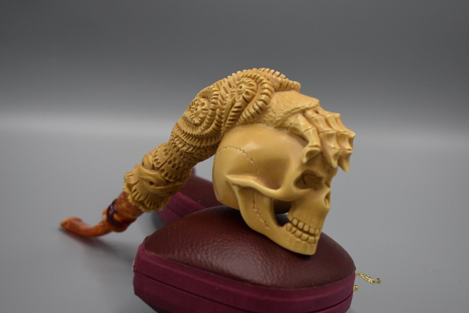 XL Skeleton Hand Holds Reverse Skull Block Meerschaum-NEW HANDMADE W CASE#1505