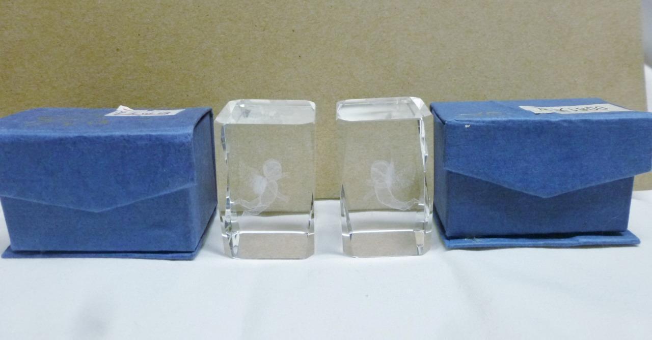 Wonderful Pair Of Laser Etched Crystal Glass Cubes W/ Angel Cherubs & Org. Boxes