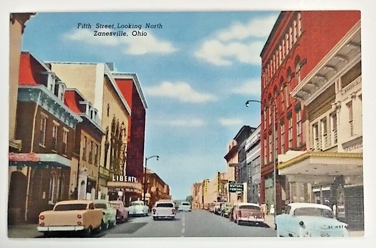 Zanesville Ohio OH Fifth St. Linen Postcard Street View Cars Marquee Signs