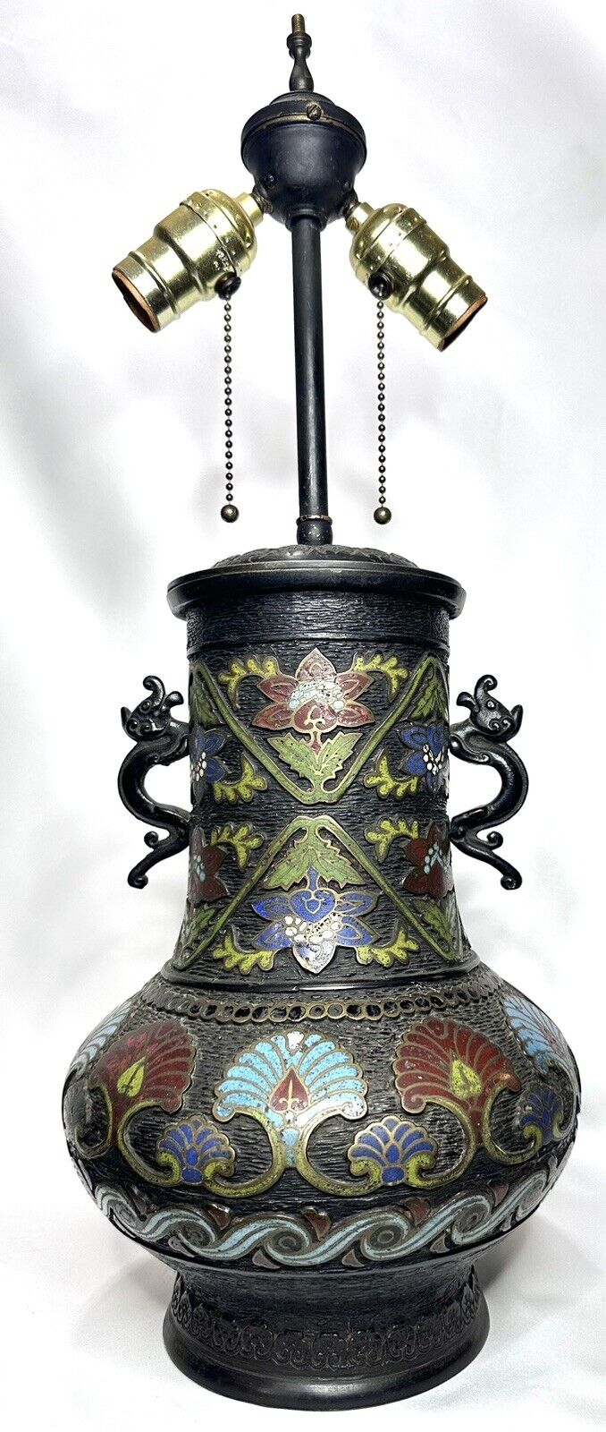Large Fine Antique Bronze Japanese Cloissone Champleve Enamel Lamp~Dragon Floral
