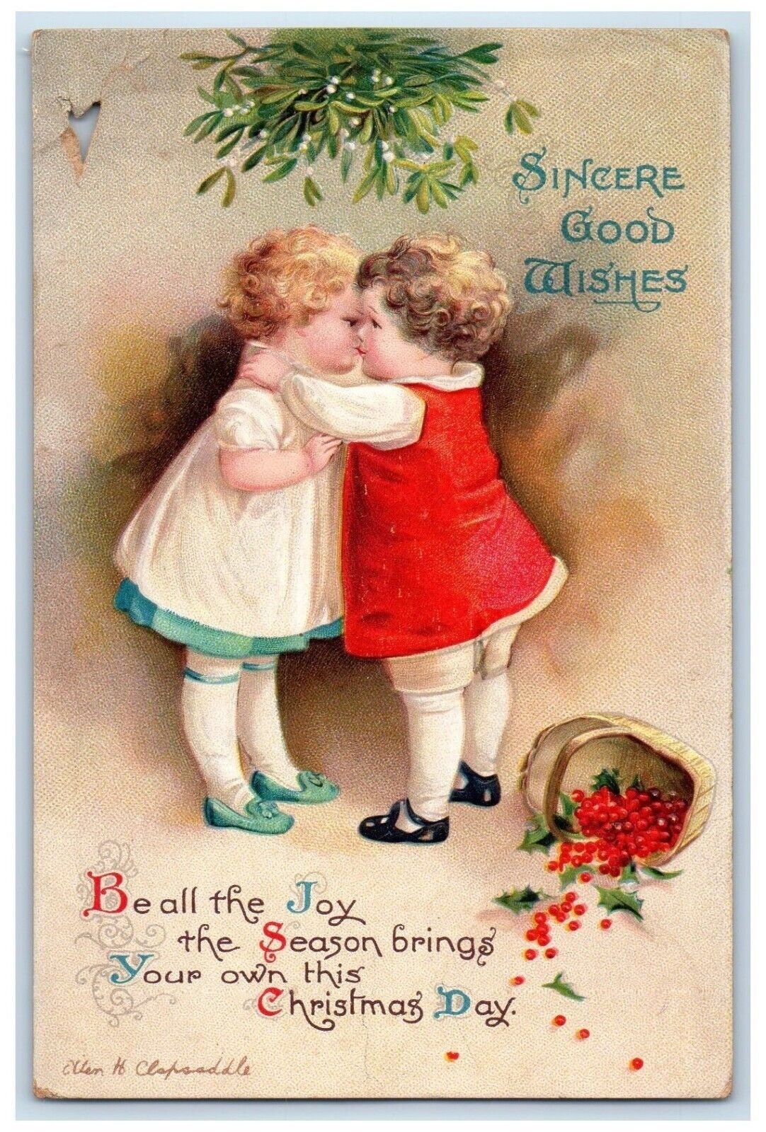 Christmas Little Sweetheart Kissing Mistletoe Berries Ellen Clapsaddle Postcard