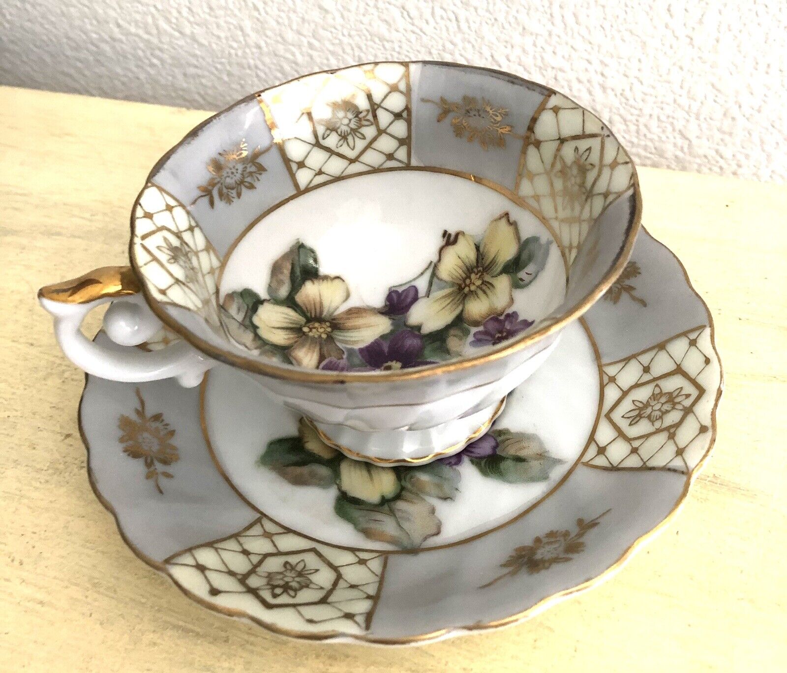 OLD GOLD Vintage Hand Painted Cup & Saucer Gray Gold Japan Flowers
