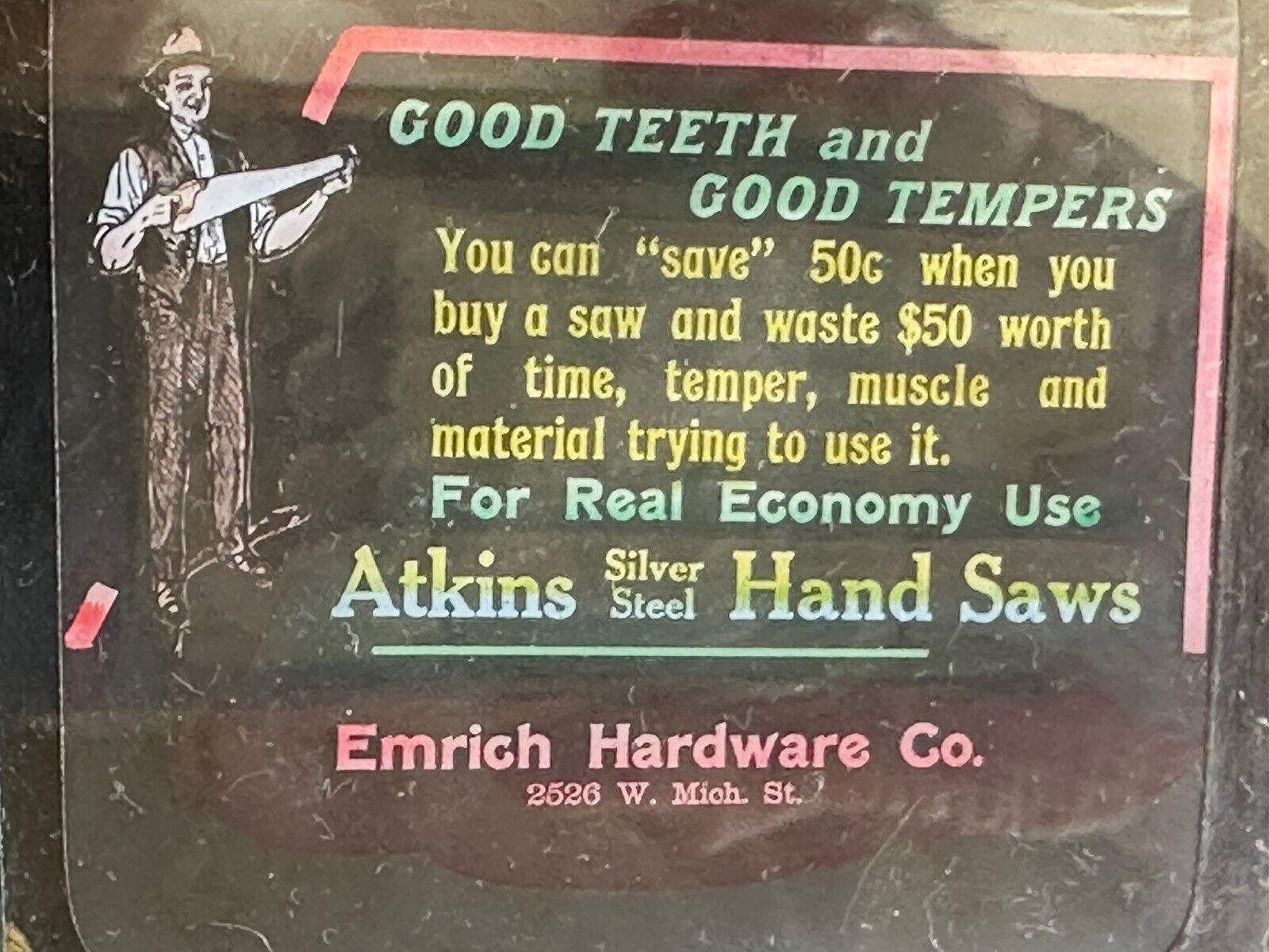 Vintage Atkins Silver Steel Hand Saw Advertising Slide \