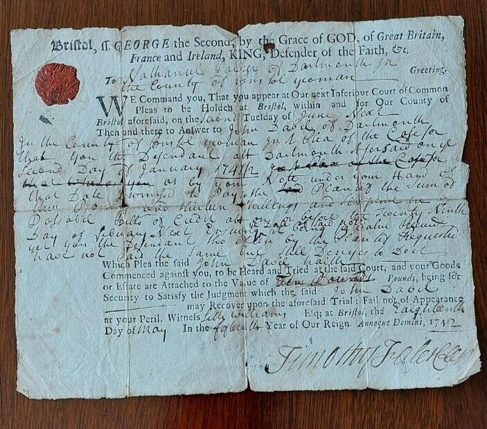 1742 LEGAL DOCUMENT COURT ORDERED BEFORE THE COLONIES FOR THEFT IN BRISTOL MA.
