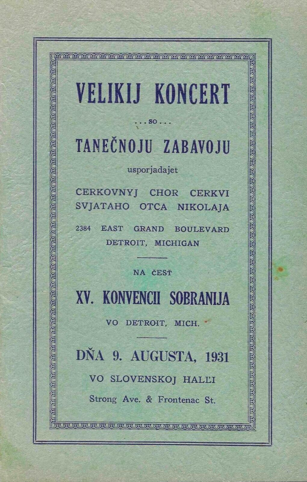 1931 CONCERT PROGRAM (IN SLOVAK) - ST NICHOLAS CHURCH CHOIR - DETROIT, MICHIGAN