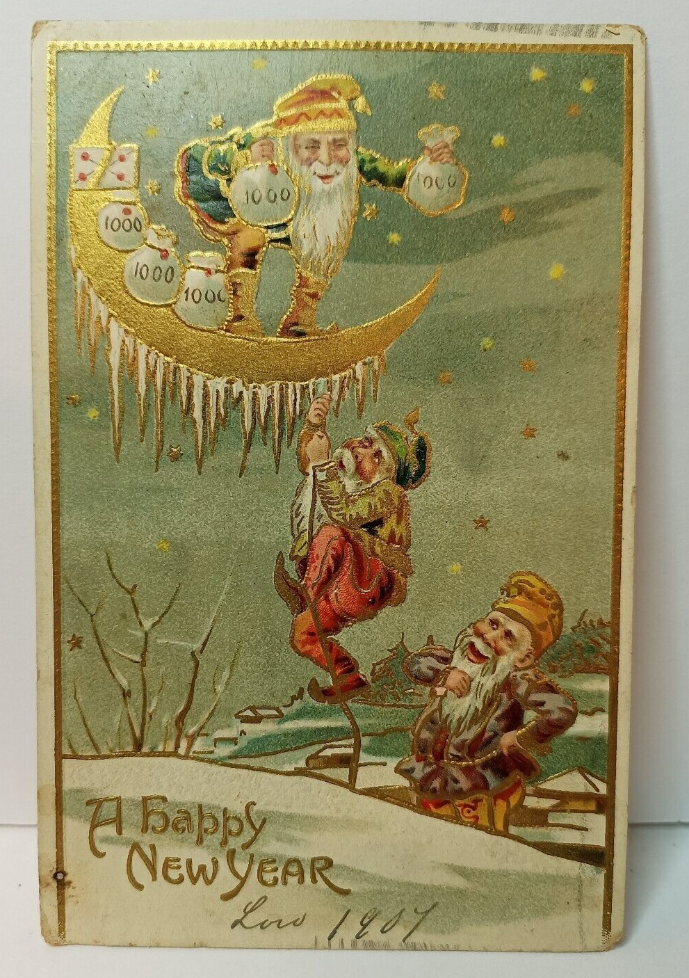 New Year\'s Postcard Elves on Golden Crescent Moon c 1907 Icicles, Money Bags