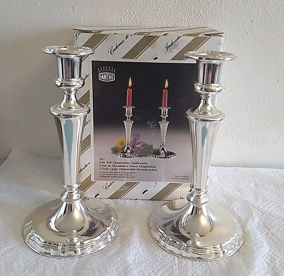 Vintage IANTHE Silver Plated Ornate Pair Candlestick Holders 8” ~ #591 ~ England