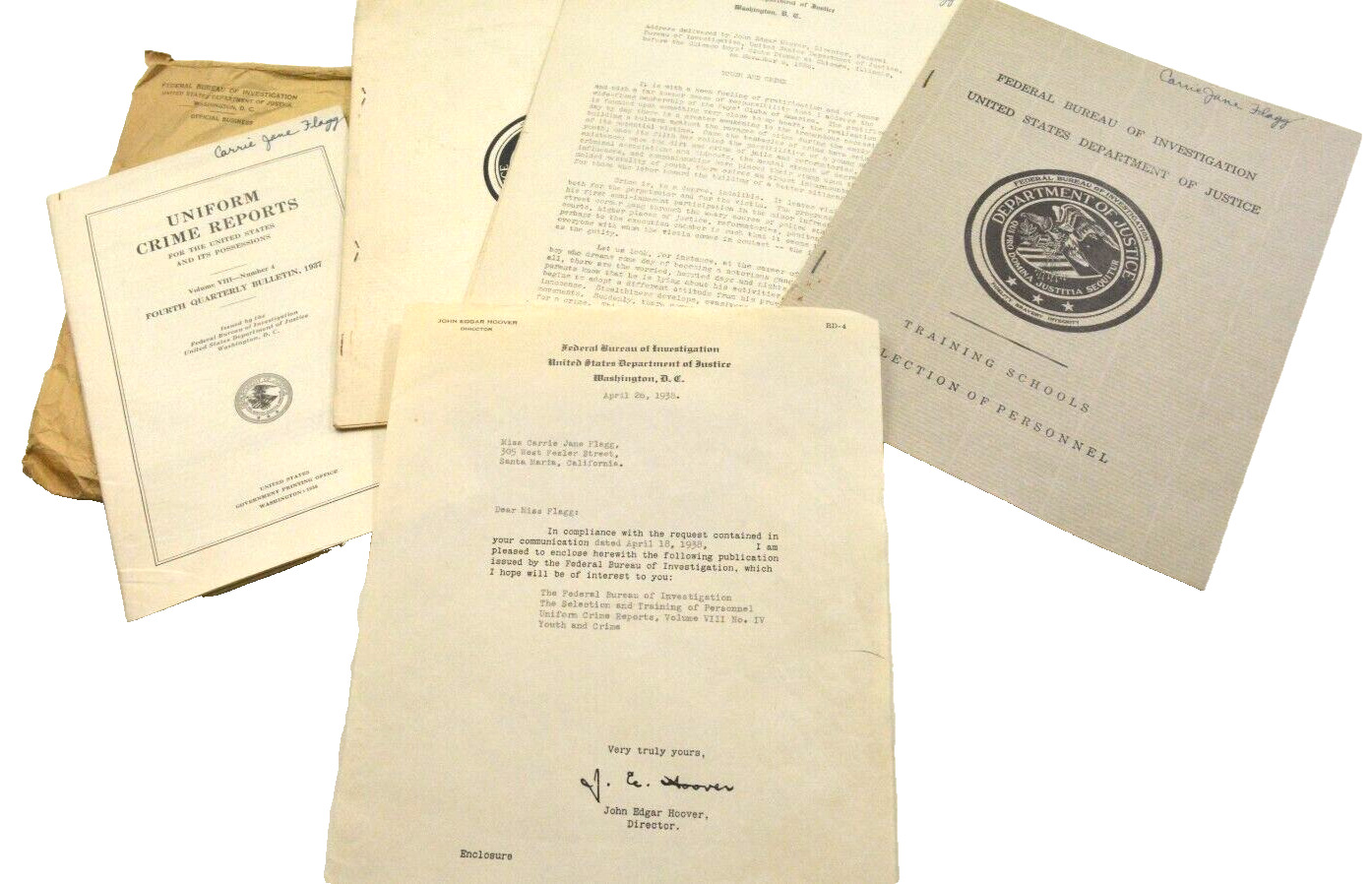 Scarce 1938 FBI Complete Package for New Recruit Prospect J.E. Hoover Signed