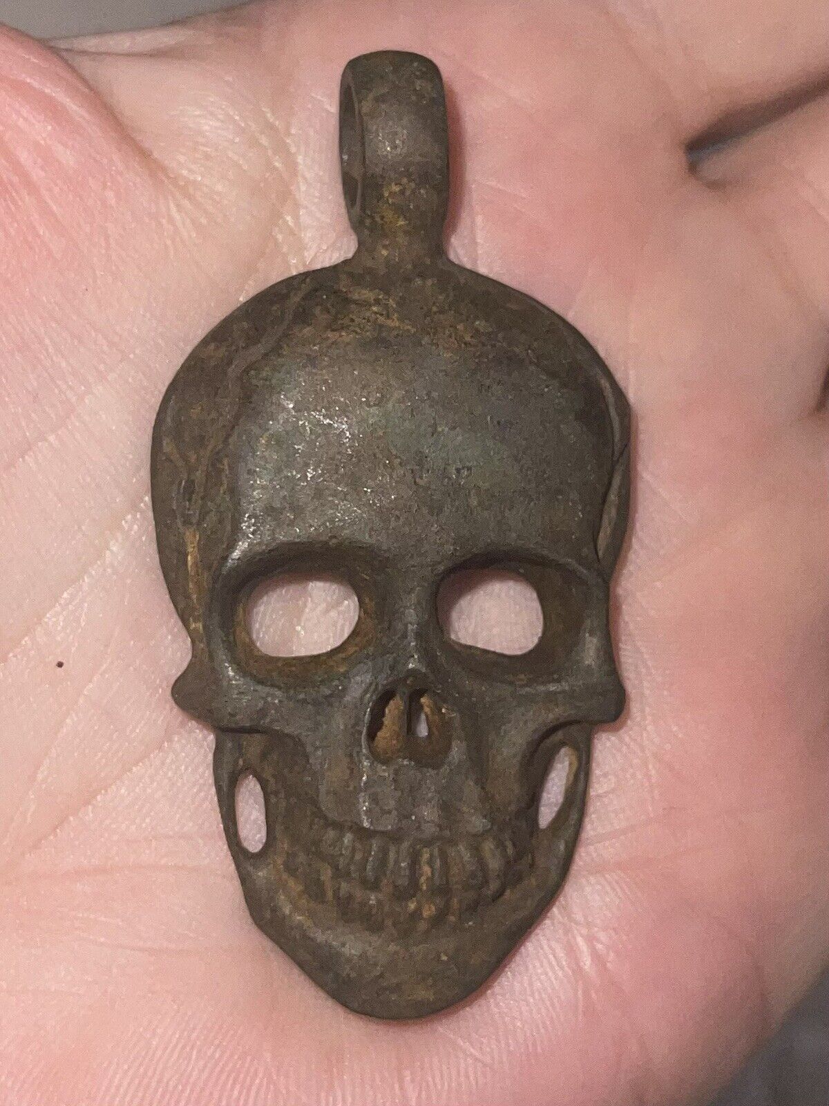 Unearthed Antique Skull Skeleton Pendant Necklace Amulet - 1900s