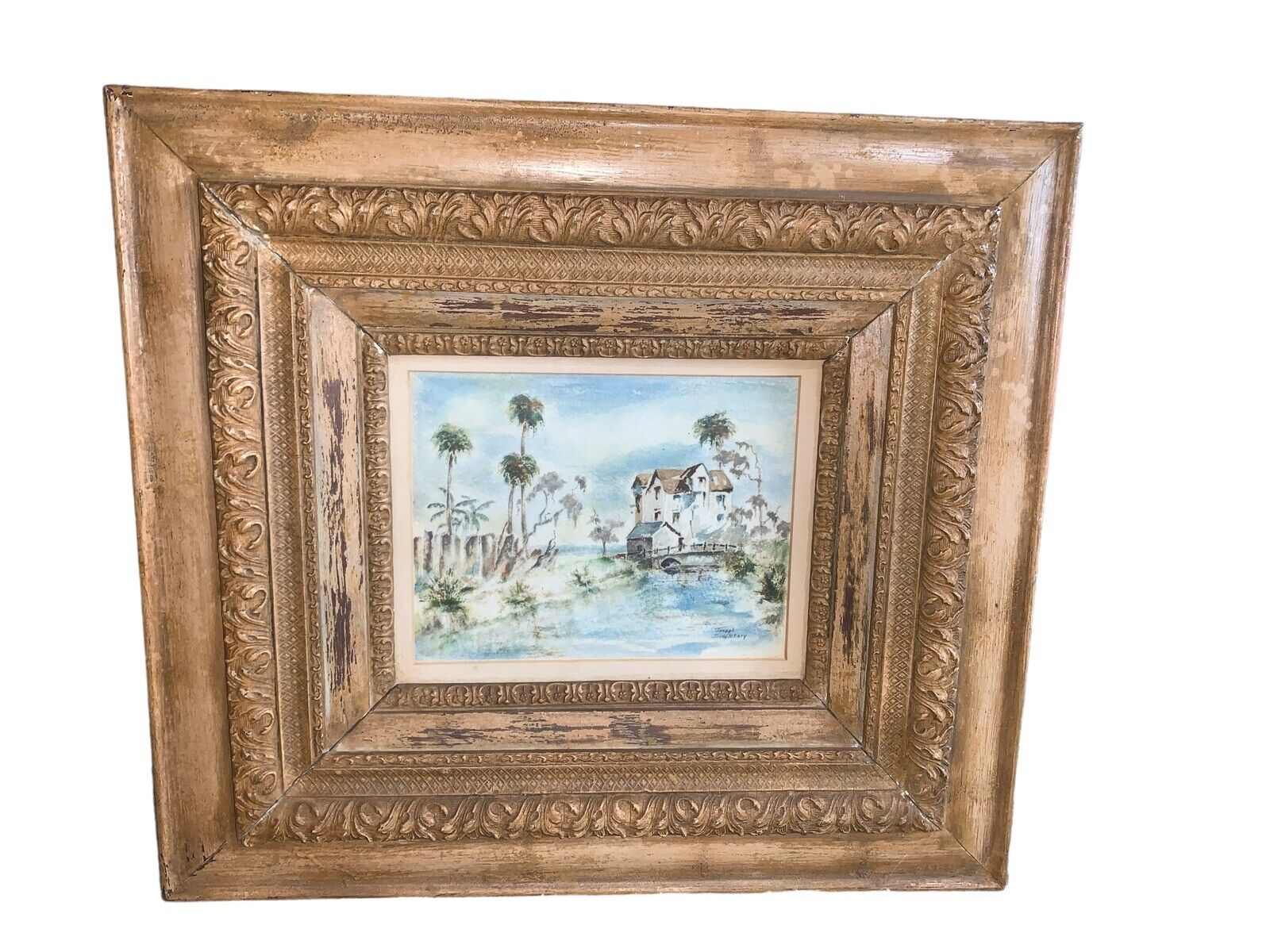 Vintage Wood Frame With Intricate Wood Molding Beach Ocean Scene Print 18” X 20”