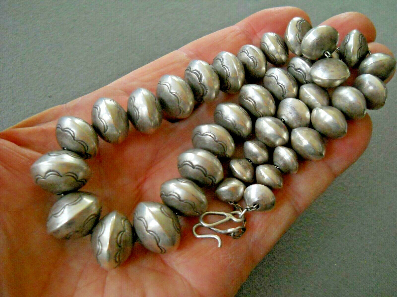 Old Native American Sterlng Silver Navajo Pearls Stamped Bead Necklace 19\
