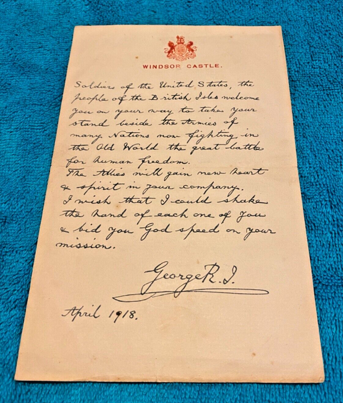 April 1918 - King George V Signed Letter to WWI US Soldier - Windsor Castle