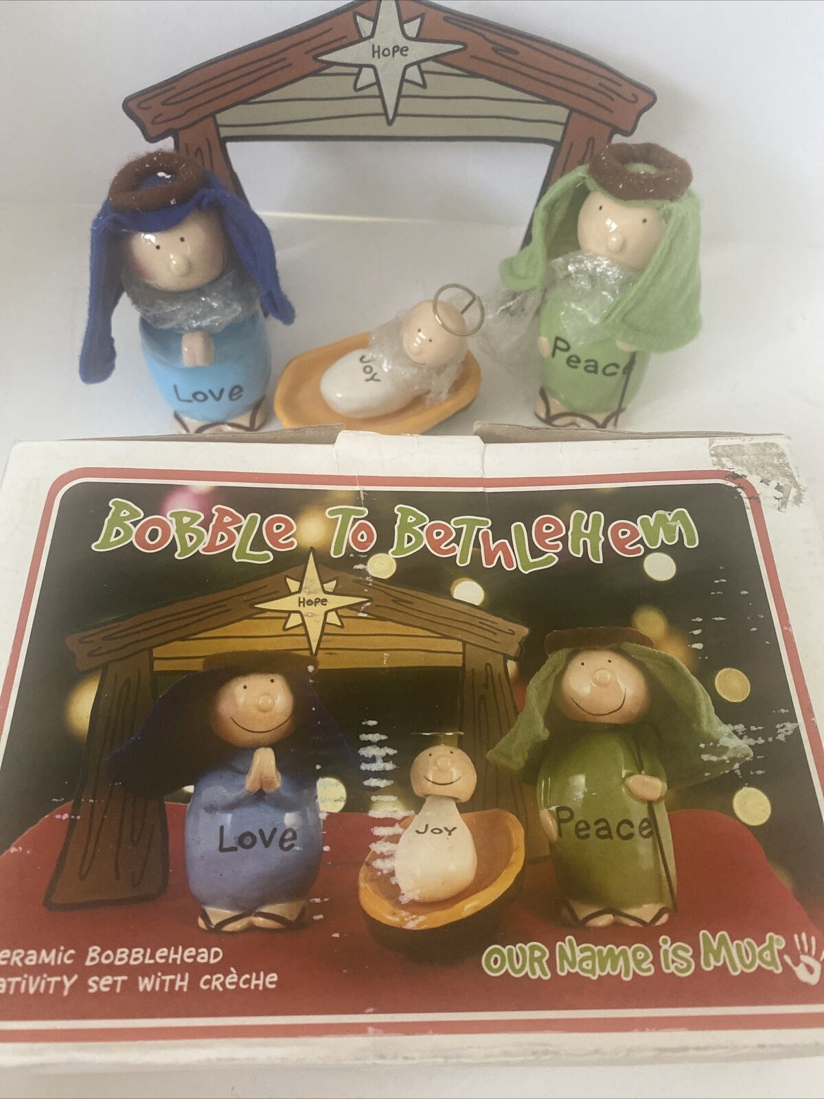 Enesco Bobble to Bethlehem Ceramic Bobblehead Nativity Set Name is Mud NOS
