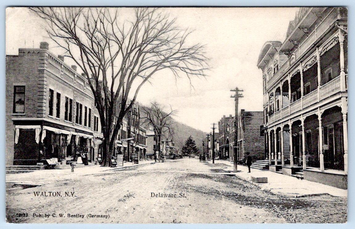 1910 WALTON NEW YORK NY DELAWARE STREET DIRT ROAD STOREFRONTS W BENTLEY POSTCARD
