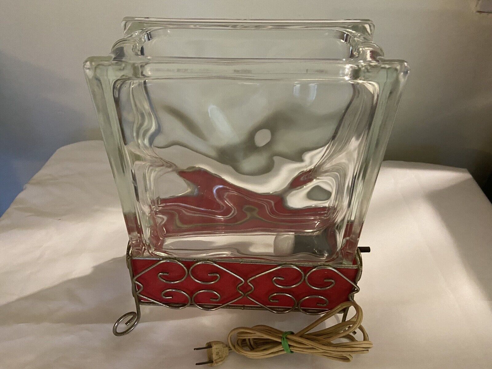 Rare MCM TV Lamp 50\'s, Glass Block, Metal Stand Red Fiberglass Fish bowl Vintage