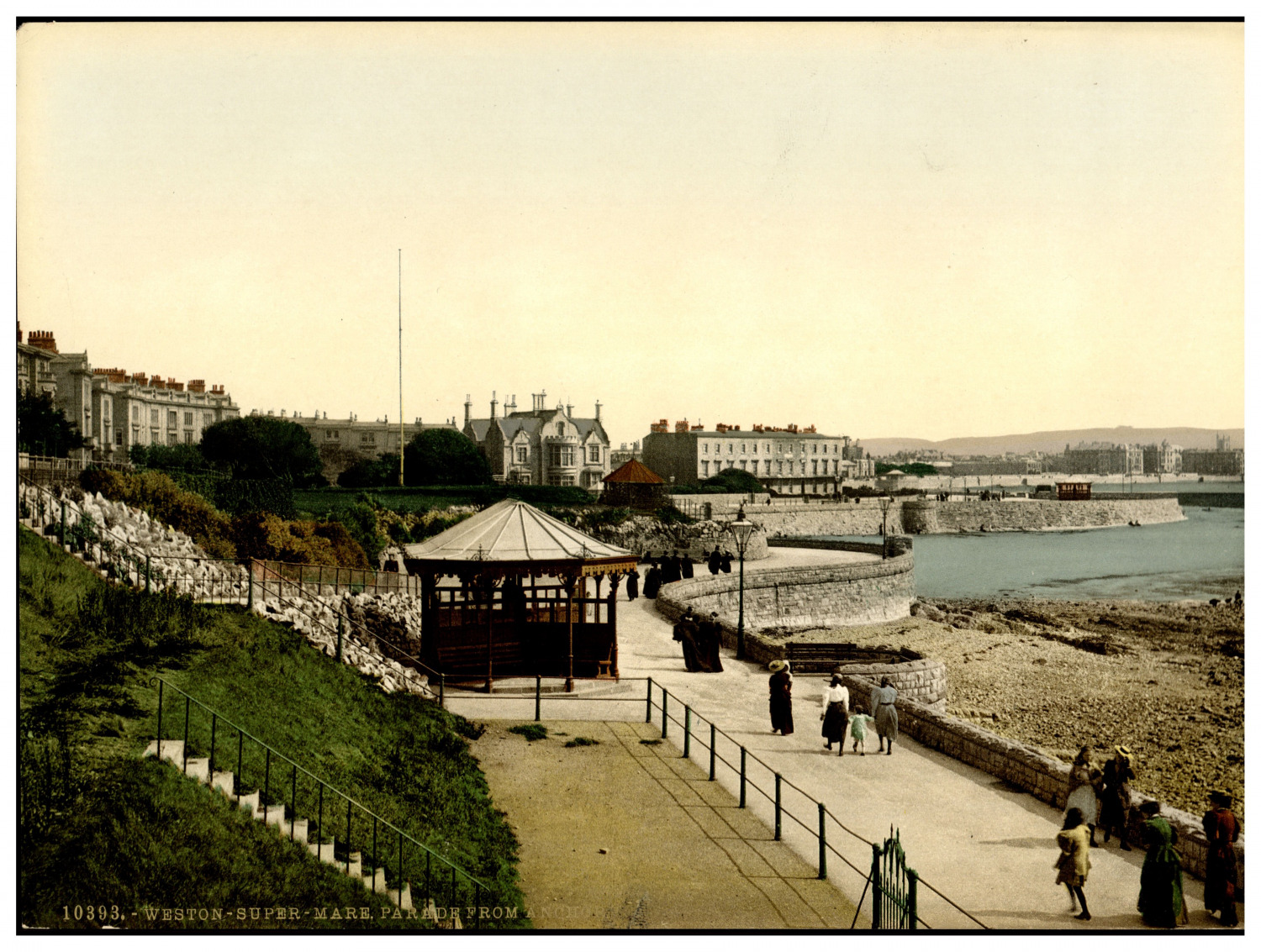 England. Weston-Super-Mare. Parade from Anchor Head.  Vintage Photochrome by P