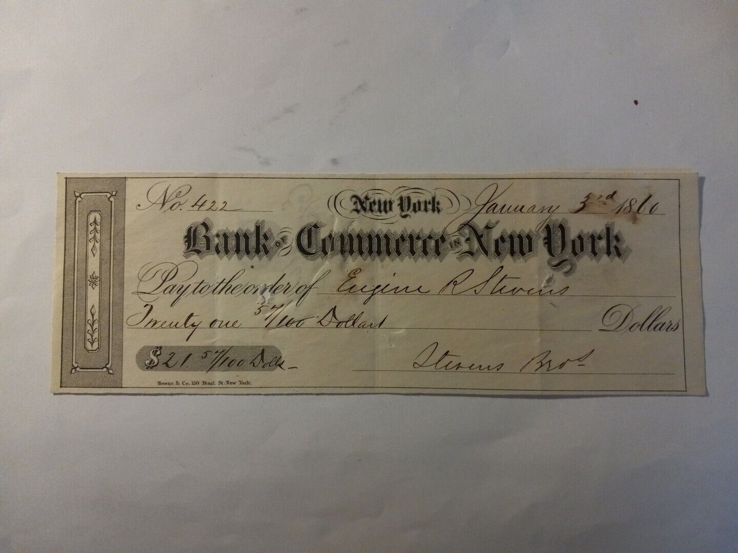 Bank Of Commerce New York 1860 Bank Check Pre-Civil War Beautiful Signature 