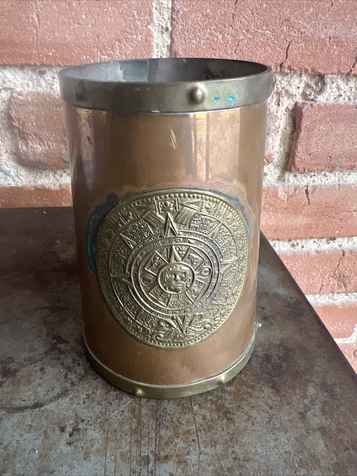 Vintage  Mexico Hammered Copper & Brass Aztec Calender 4.5\