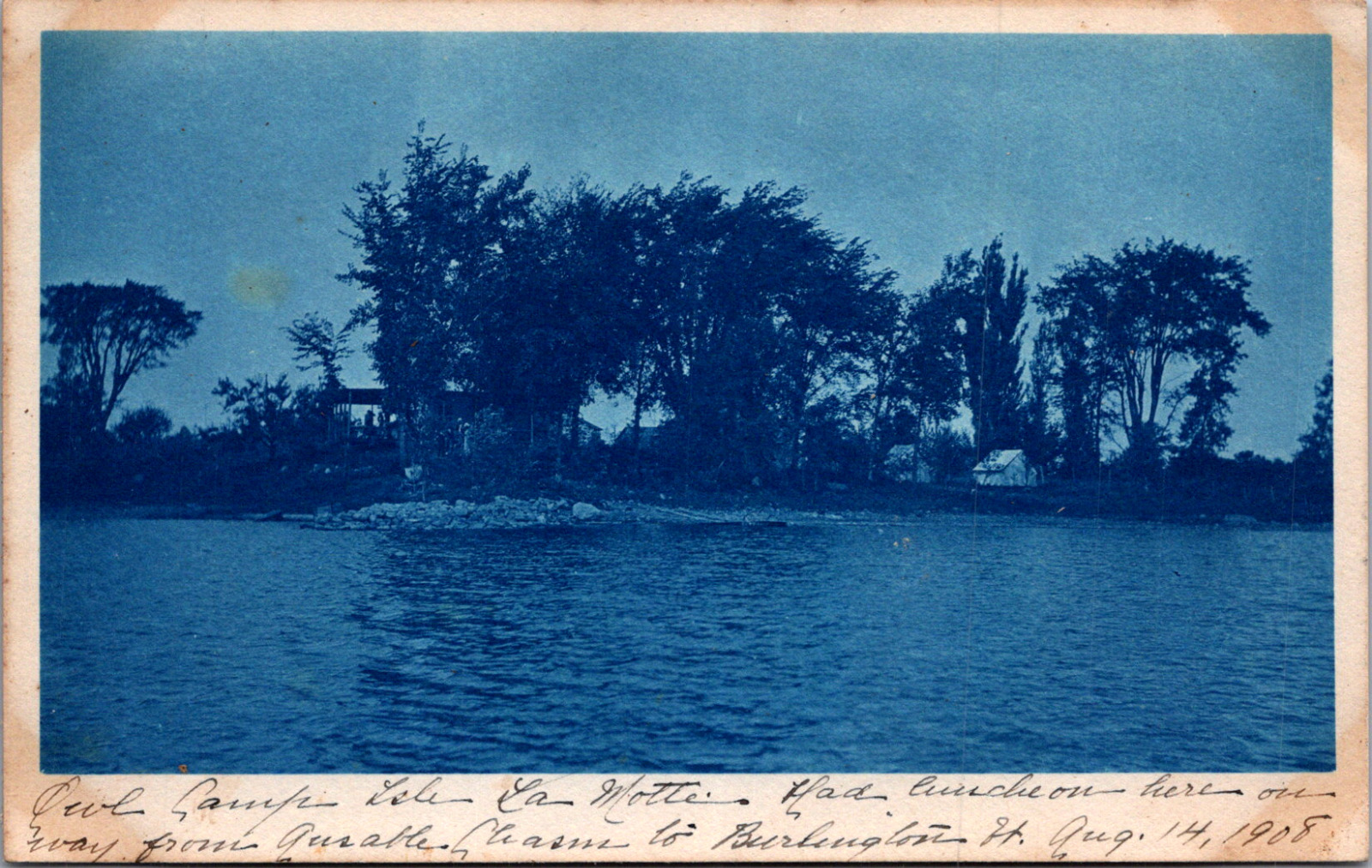 Isle La Motte VT Owl Head Camp cool cyanotype-like view c1908 vintage postcard
