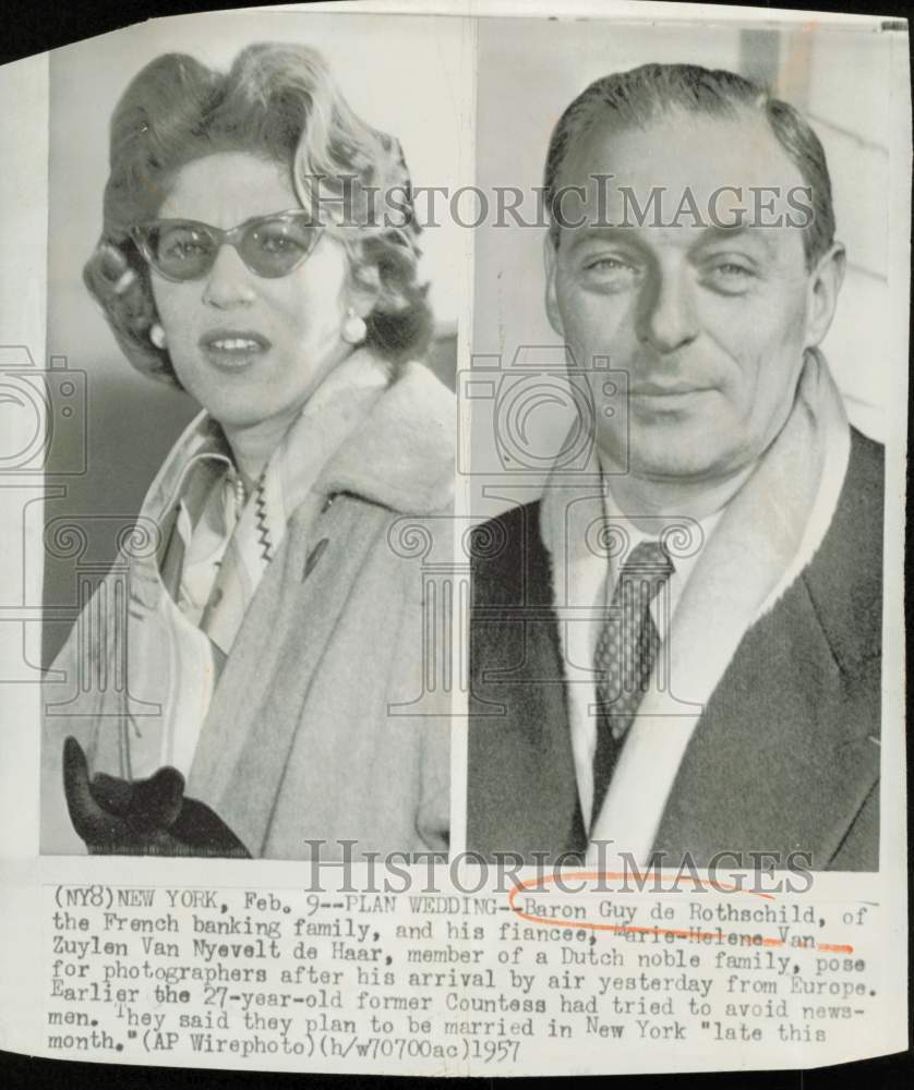 1957 Press Photo Baron Guy de Rothschild and his fiancée Marie Helene Van Zuylen