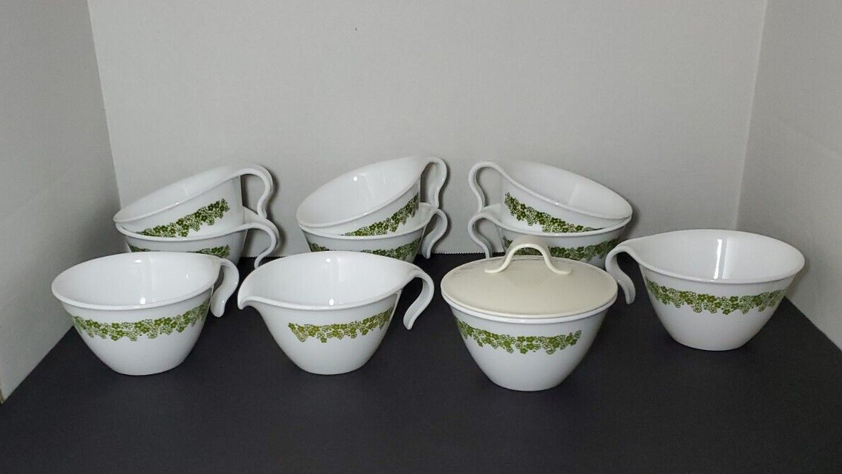 Crazy Daisy Cream & Sugar +Cups Corelle Green Atomic Matched 10 Pc Set WHOLESALE