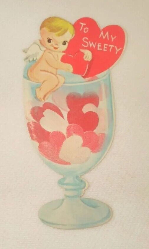 Valentine Card Cupid And Heart On Glass Ice Cream Cup To My Sweety Unused