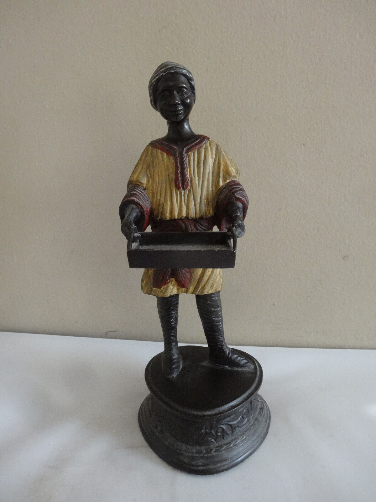 Cold Painted Bronze Figurine Man Holding Tray 11.5\
