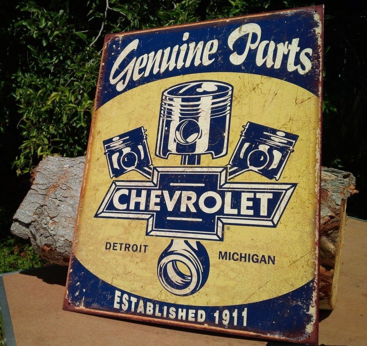 Vintage Genuine Chevy Parts Tin Metal Sign 1911 Garage Shop GM Rustic Pistons