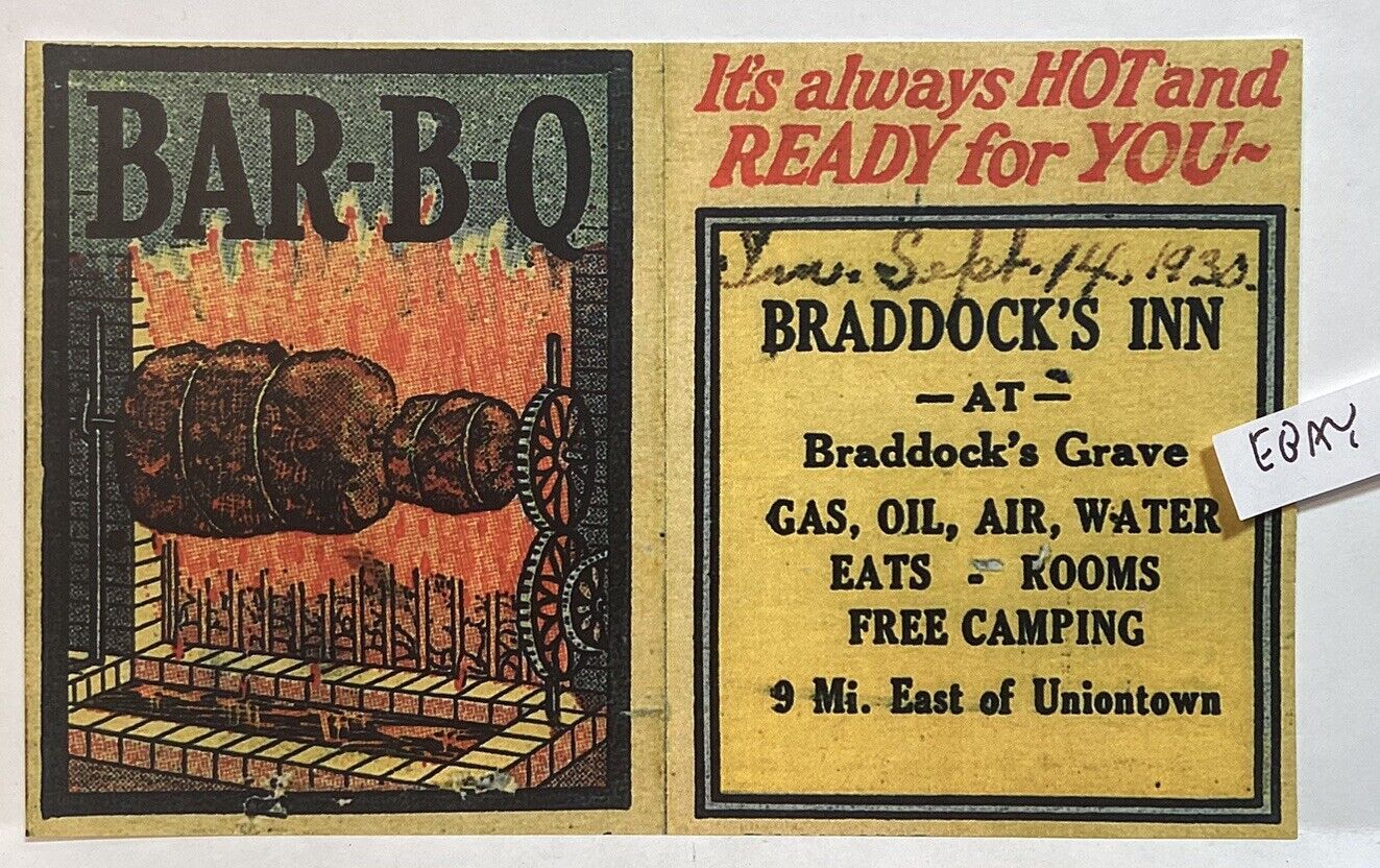 EARLY BRADDOCK’S INN RT.40 UNIONTOWN PA. BAR-B-Q FREE CAMPING + AD NEW POSTCARD
