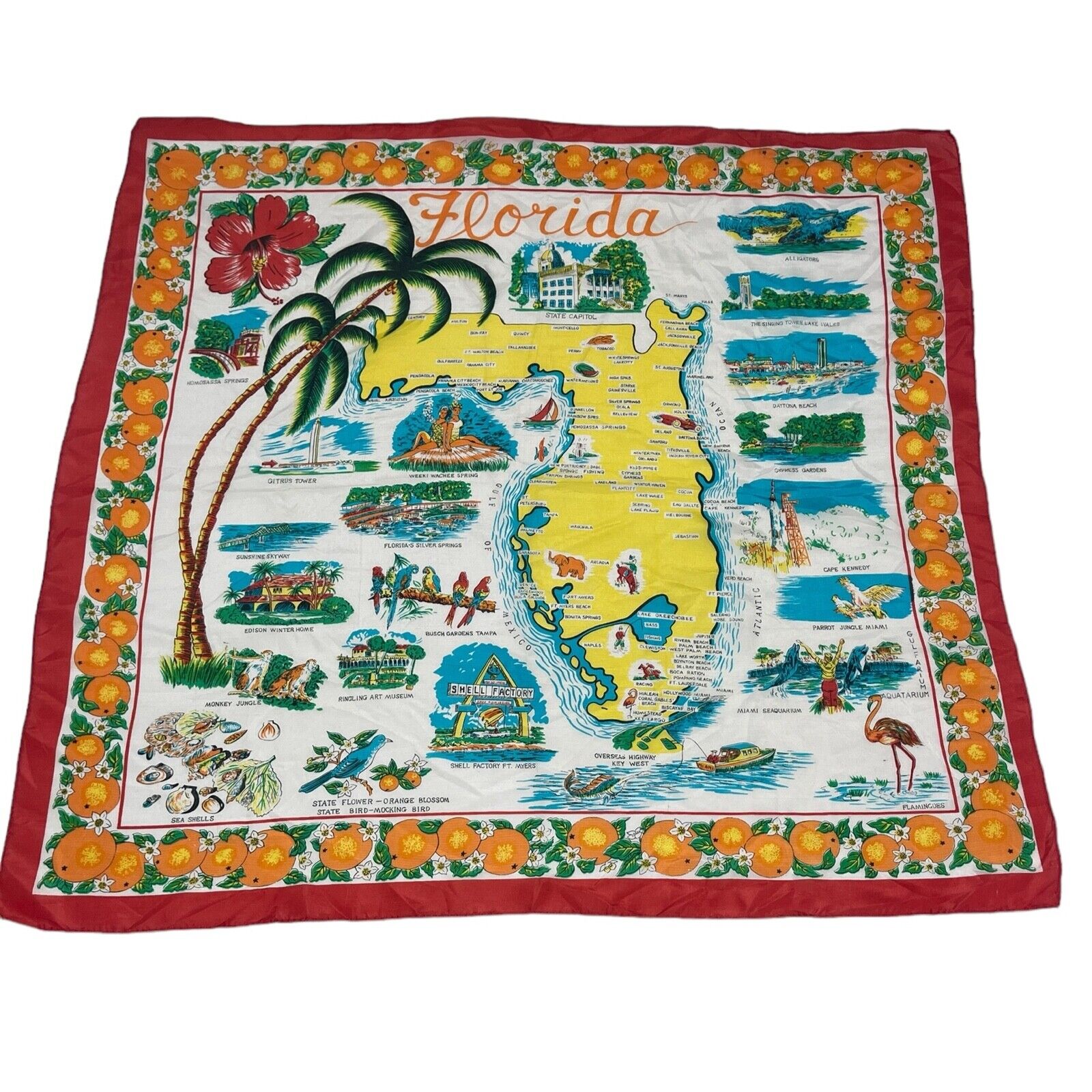 Vintage 1950s FLORIDA State Map Souvenir Rayon Scarf Square Made in Japan