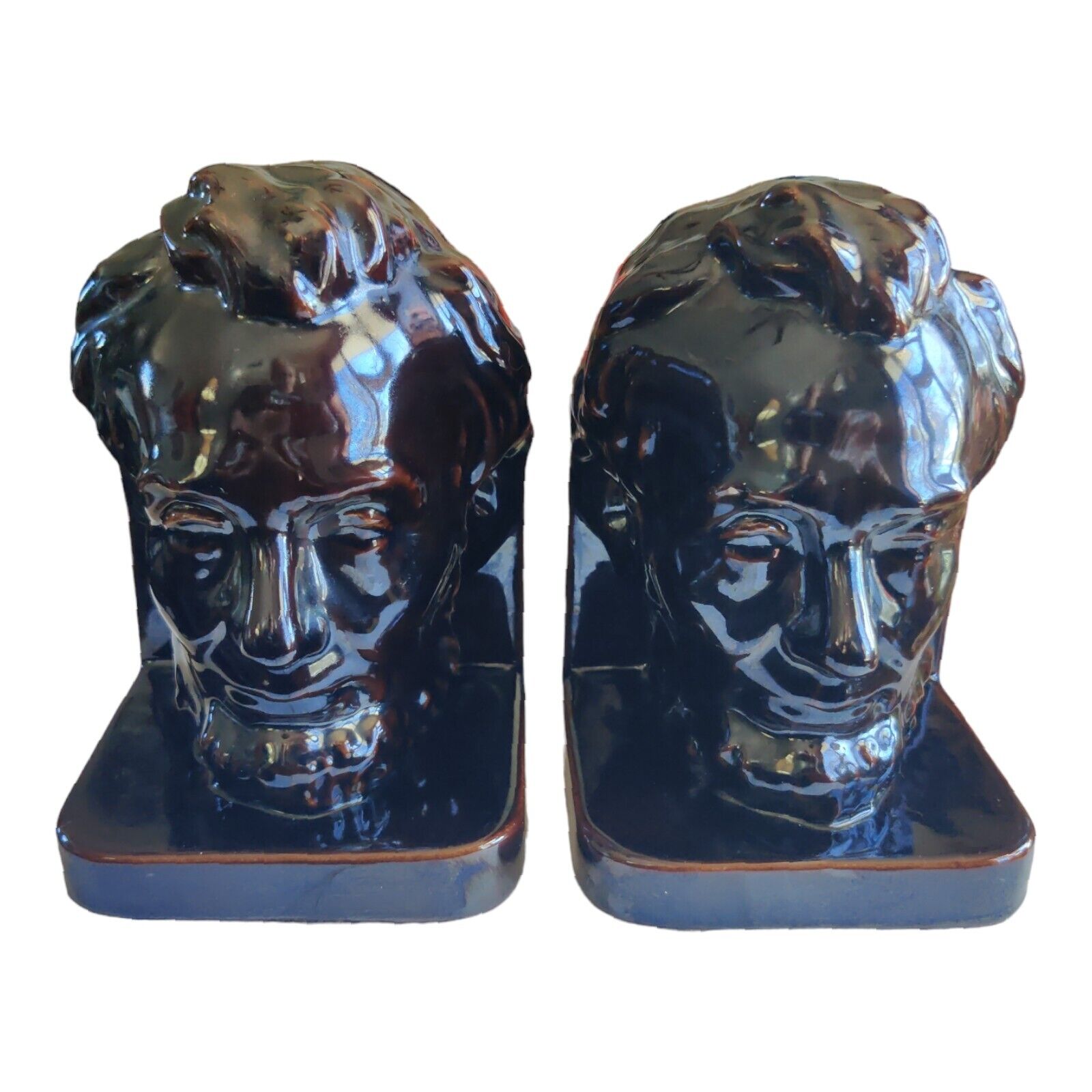 Vintage Abe Lincoln Bookend Pair Brown Ceramic Bookends Set Large Face