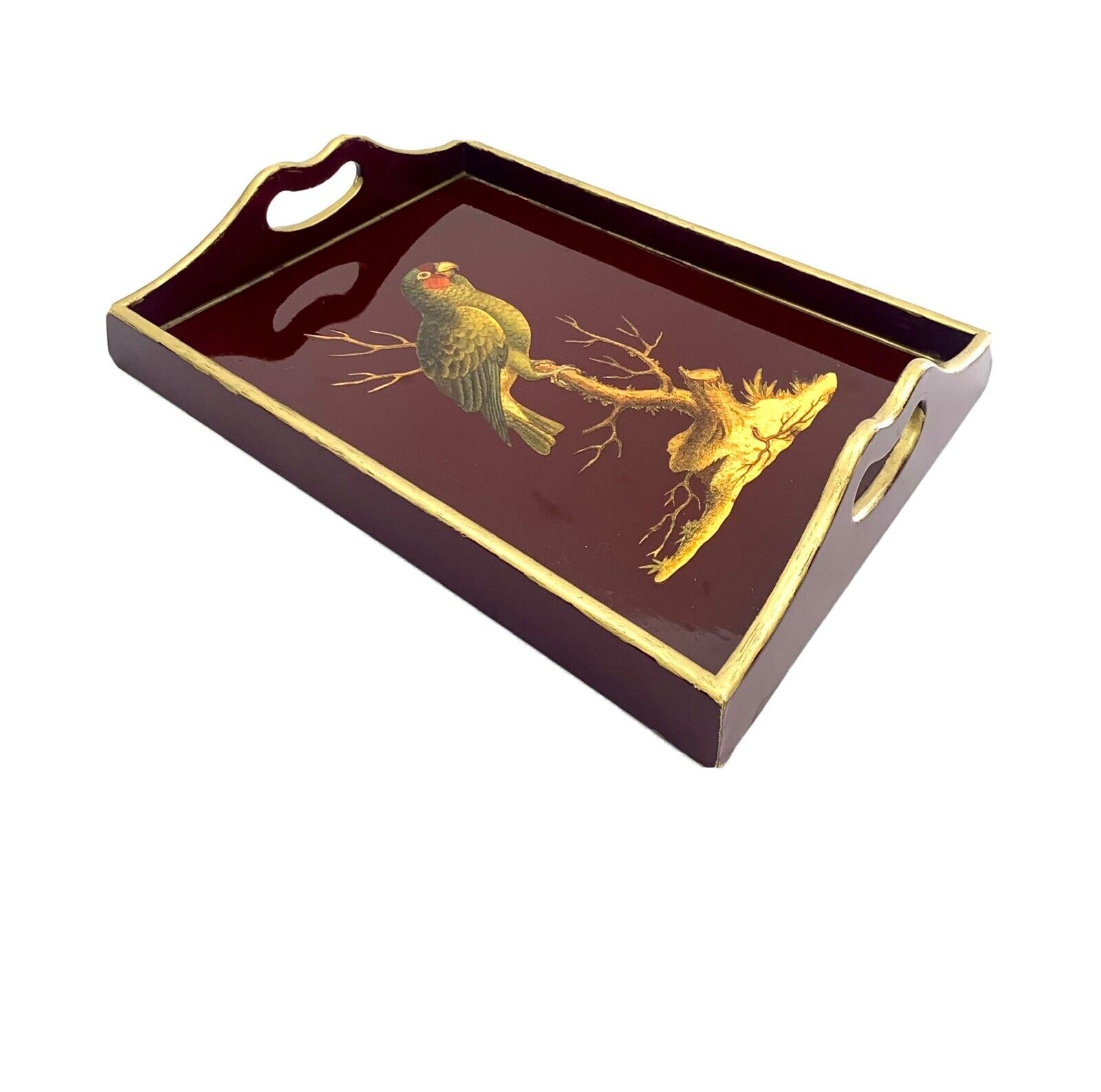 Tray with Bird Parrot Design Vintage Laquard Wood & Golden Accent Gift Decor