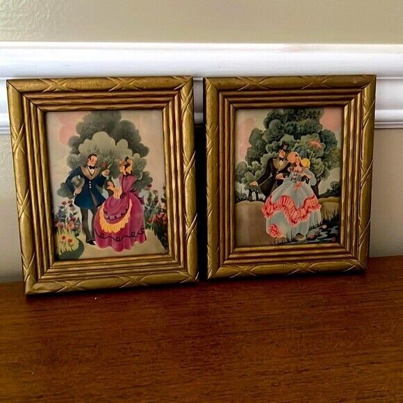 Small Vintage Courting Couple Framed Picture Pair
