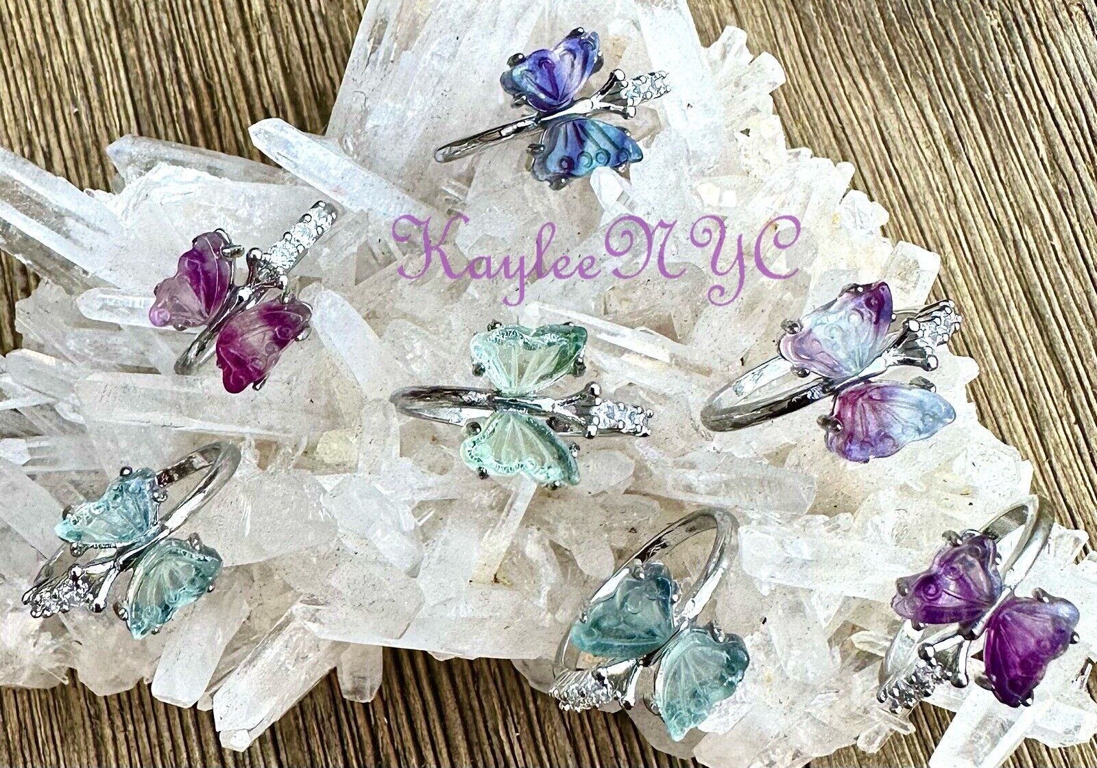 Wholesale Lot 7 Pcs Natural Fluorite Butterfly White Bronze Rings Crystal