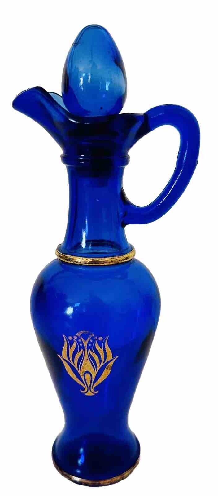 Gold & Cobalt Blue Glass   Decanter  Bottle with Stopper Art Avon Victorian MCM