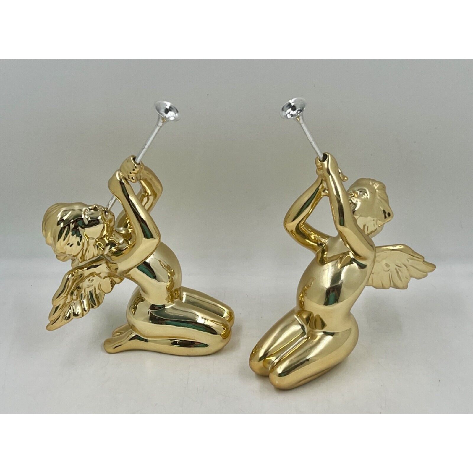 Vtg Pair of Kneeling RETIRED Gold Cherub Angel Figurines w/Trumpet Horn Dept 56