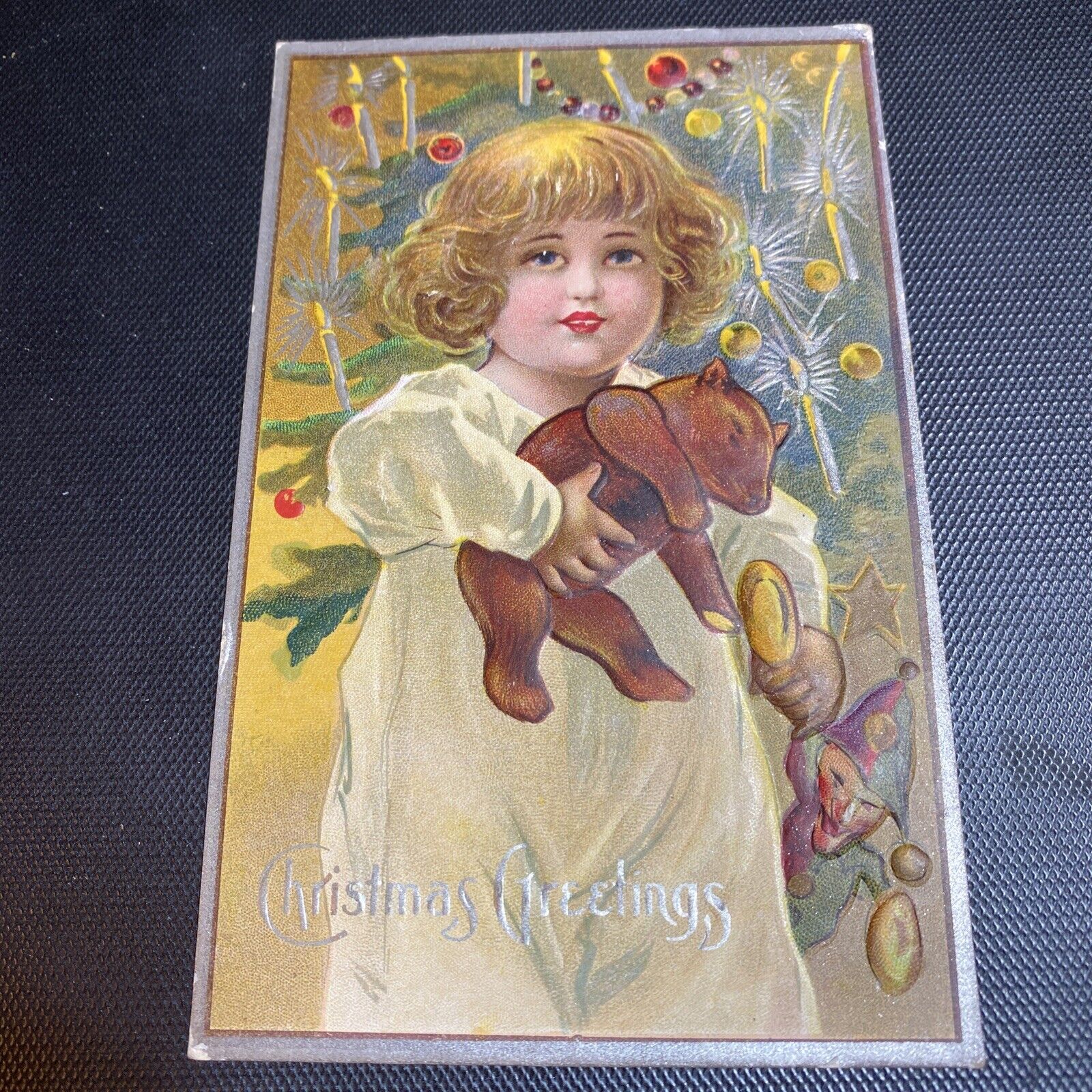 Christmas Teddy Bear Little Girl Xmas Tree Deeply embossed postcard Antique 1913