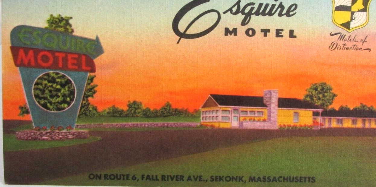 Vtg. Sekonk Massachusetts Ma., Postcard ESQUIRE MOTEL Route 6, Roadside America