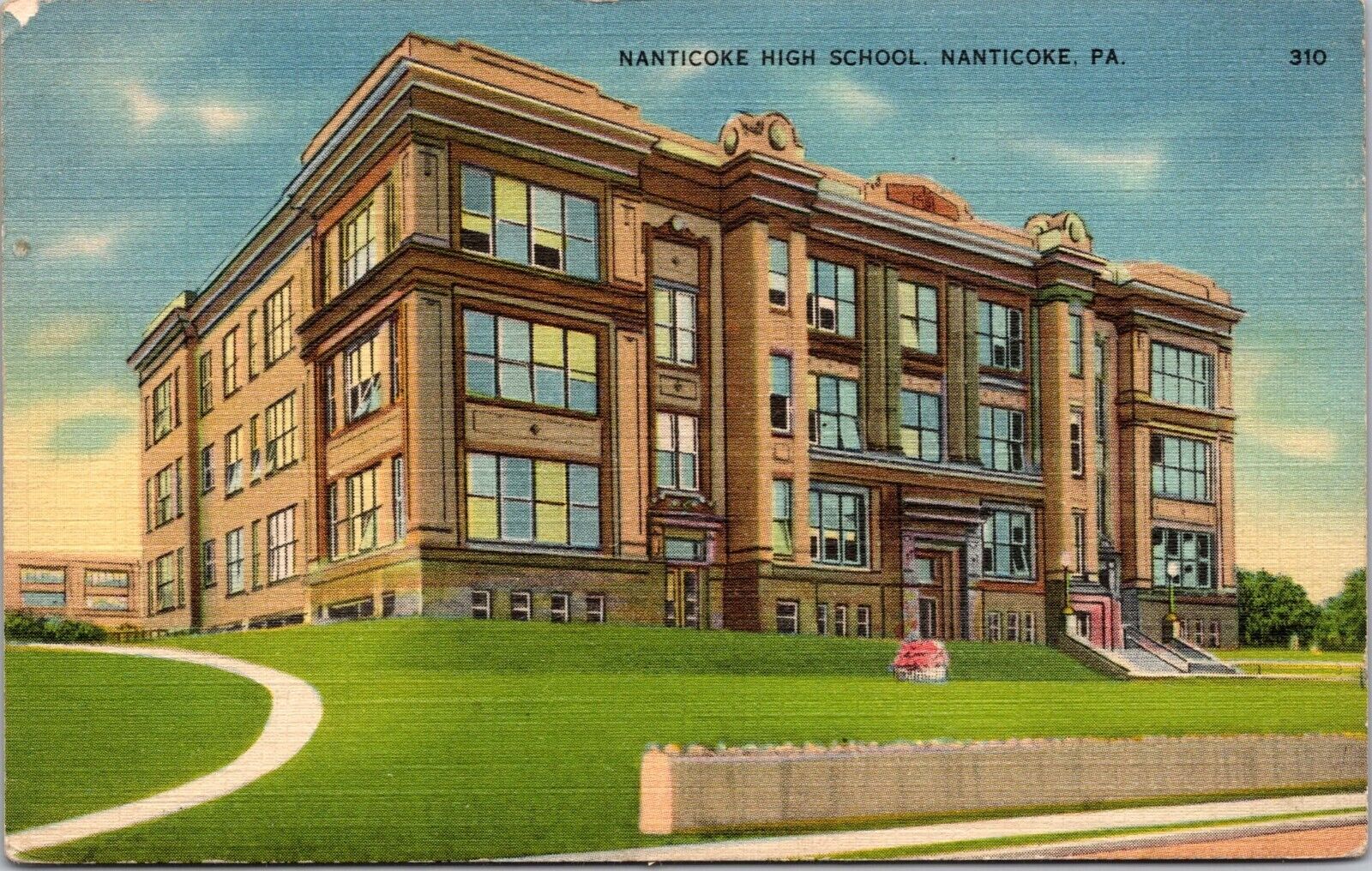 Nanticoke High School Pennsylvania Street View Linen Flowers Vintage Postcard A2