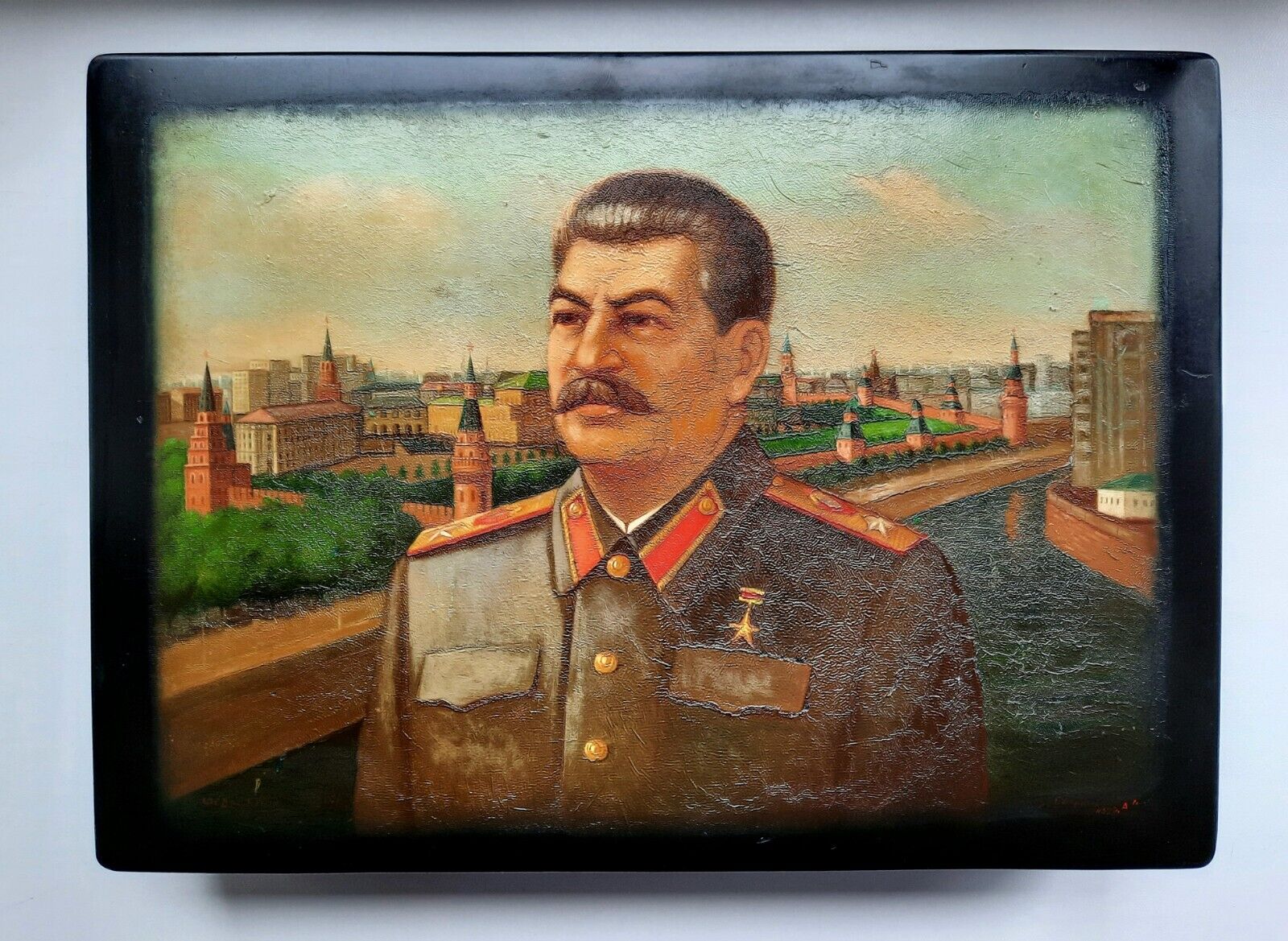 Fedoskino 1950\'s Russian Lacquer Box Portrait Stalin Vintage Handmade Palekh  