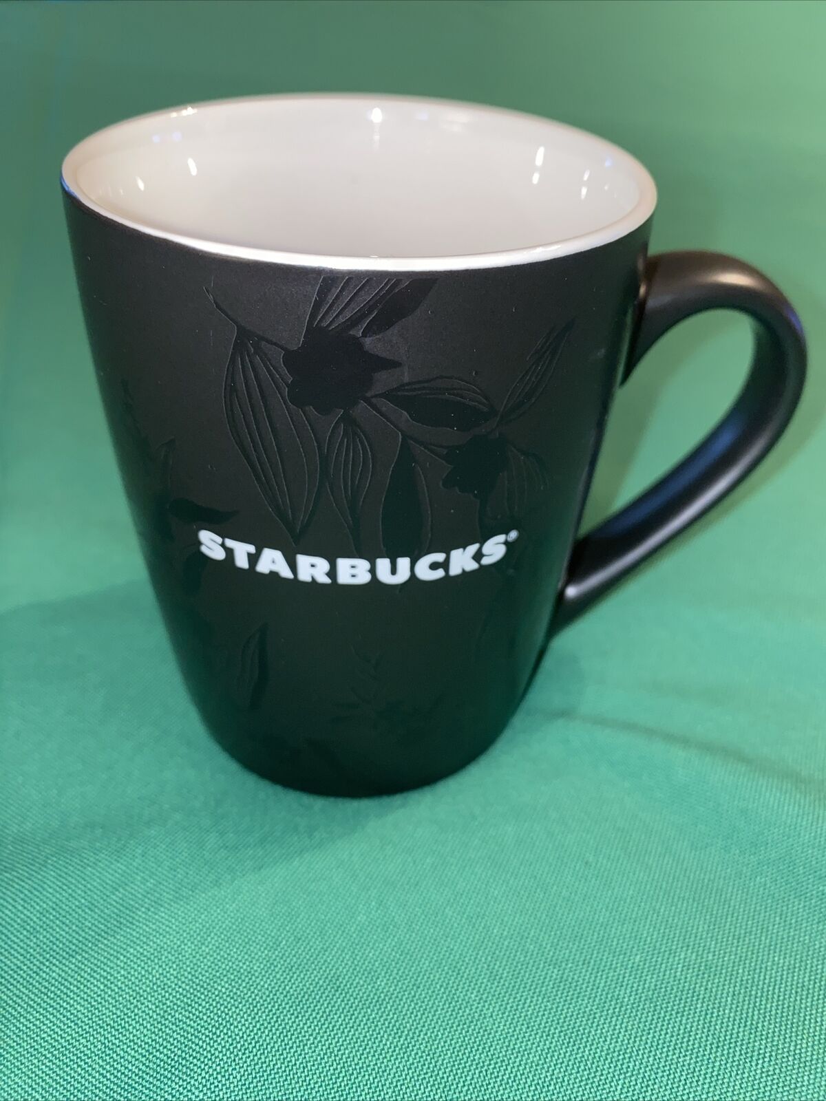 Starbucks 2020 Matte Black Coffee Tea Cup Mug w/ Black Embossed Floral 10 oz