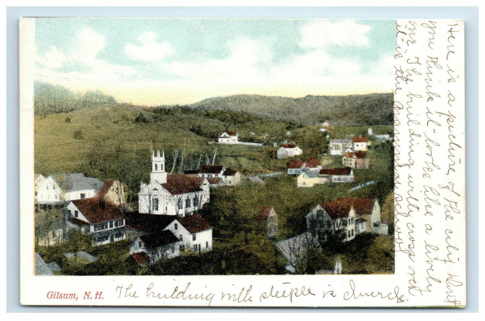 c. 1907 Gilsum NH Birds Eye View Buildings Hand Colored Postcard Made in Germany