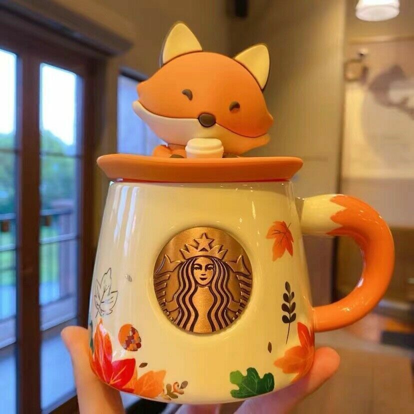 Starbucks Cute Fox Autumn Forest Maple Leaf Ceramics Mug Cup Set With Lid 11OZ