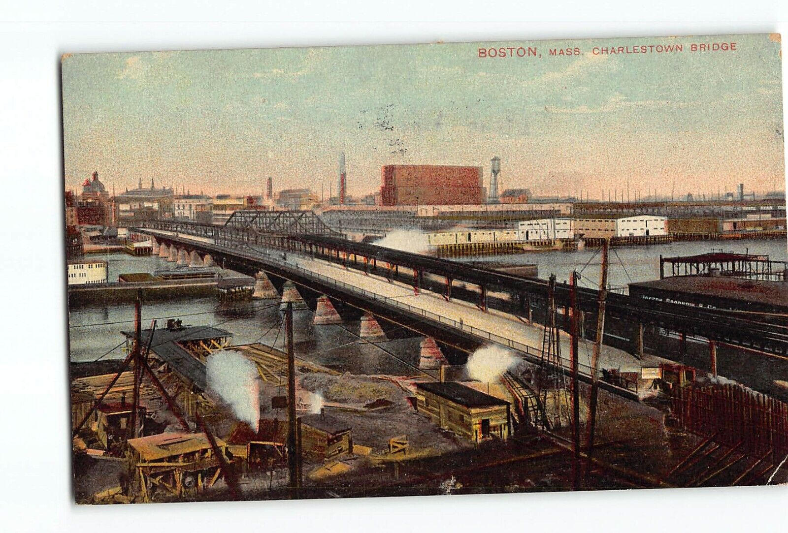 Old Vintage 1909 Postcard of BOSTON MA CHARLESTOWN BRIDGE