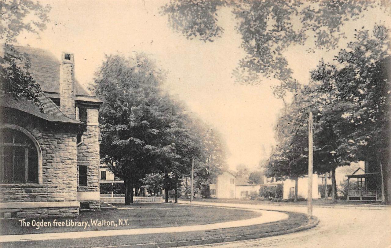 Walton, NY New York  OGDEN FREE LIBRARY & Street Scene DELAWARE CO 1908 Postcard