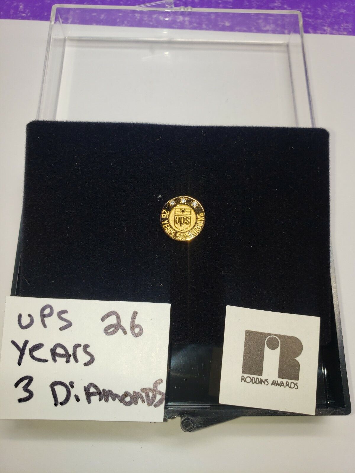 26 Year Safe Driver UPS Employee Service Award Pin 3 Diamonds Tie Tack 1/10 10K