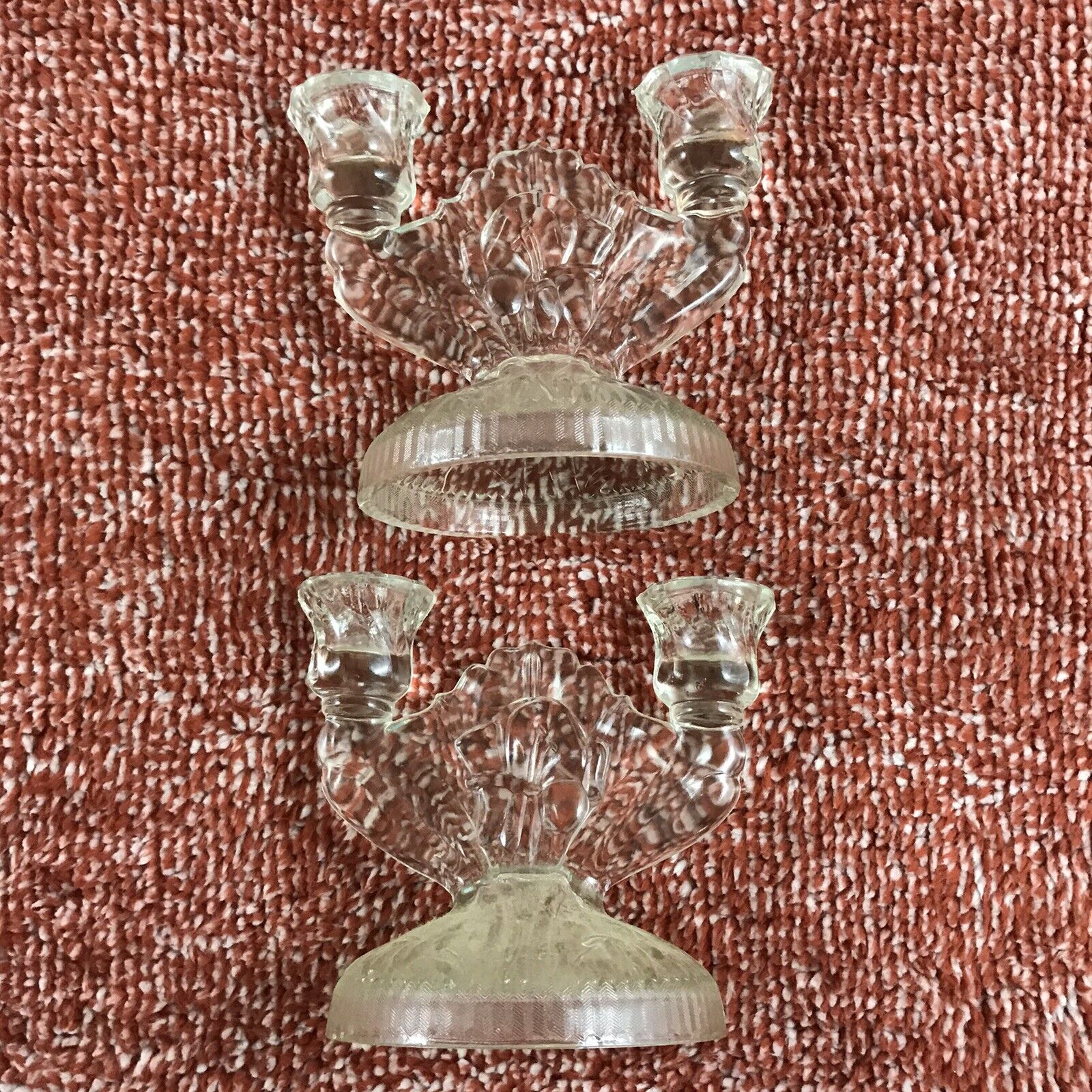 Pair of Vintage Clear Crystal? Candelabras Heavy Molded Glass
