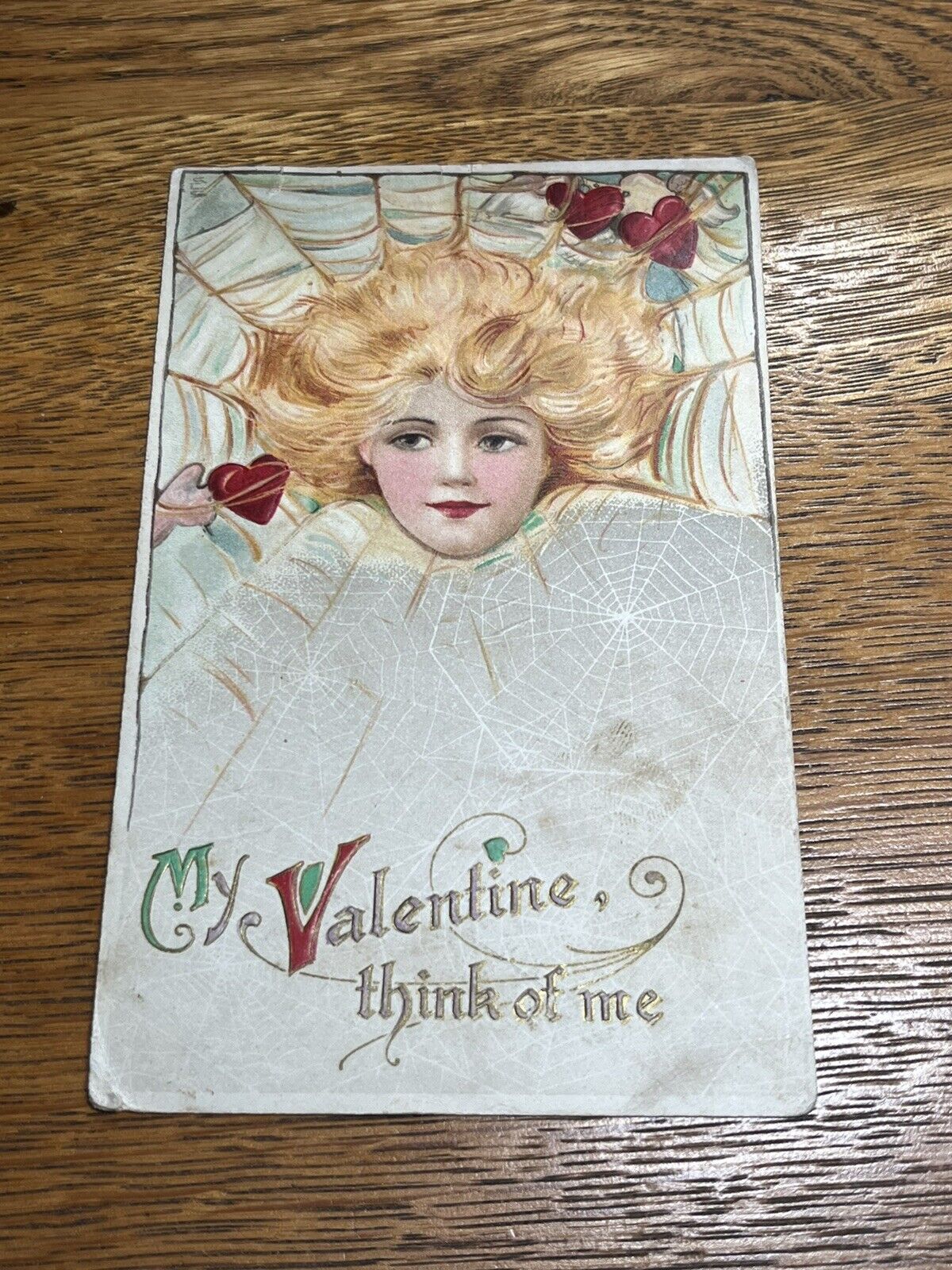Antique Samuel L. Schmucker? Valentine Post Card Glamour Girl Spider Web of Love