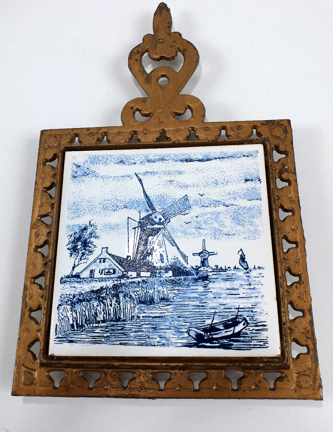 Vintage DELFT Blue / White Tile with Windmill Illustration Trivet w/Metal Base