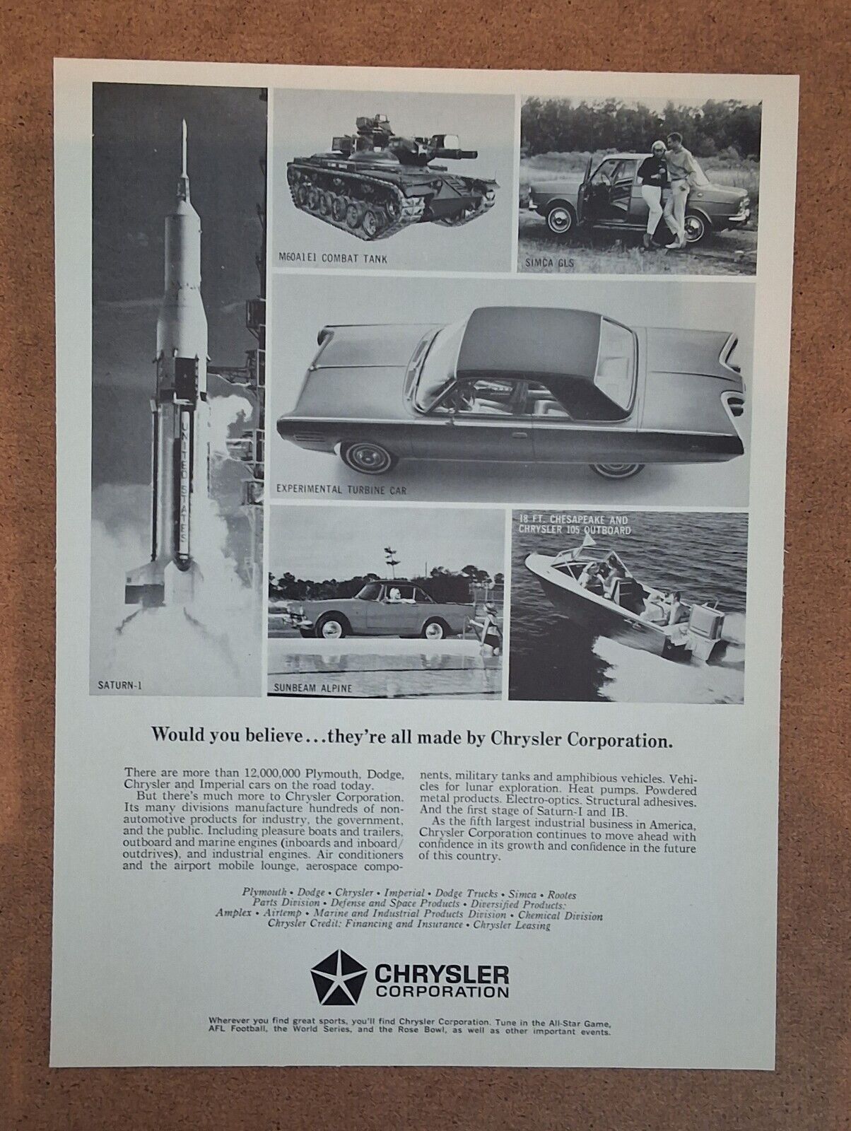 Vintage Would You Believe They Are All Made By Chrysler Coporation - 1966 Art AD